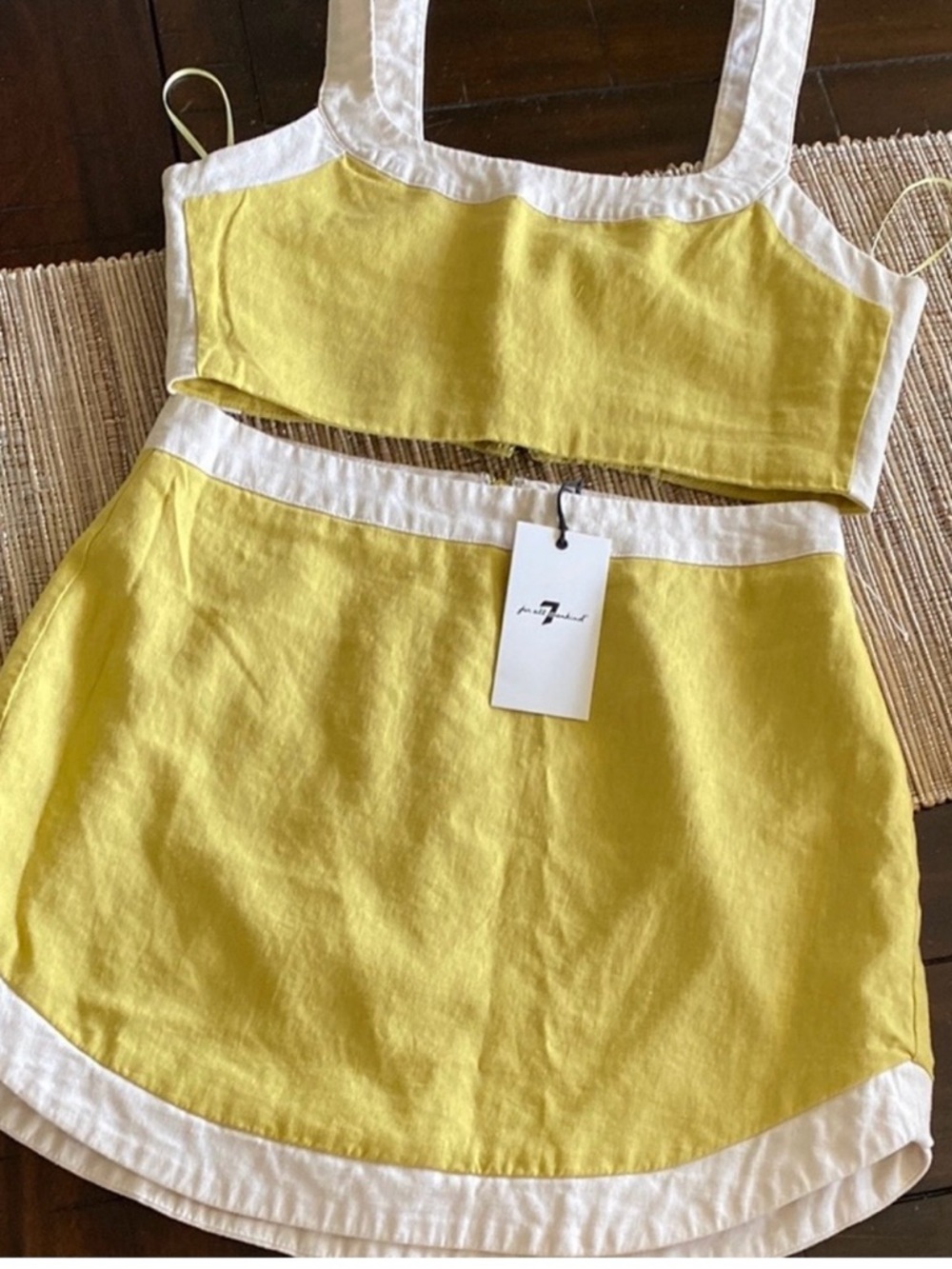 7 For All Mankind Yellow and White Linen Two-Piece Top & Skirt Set